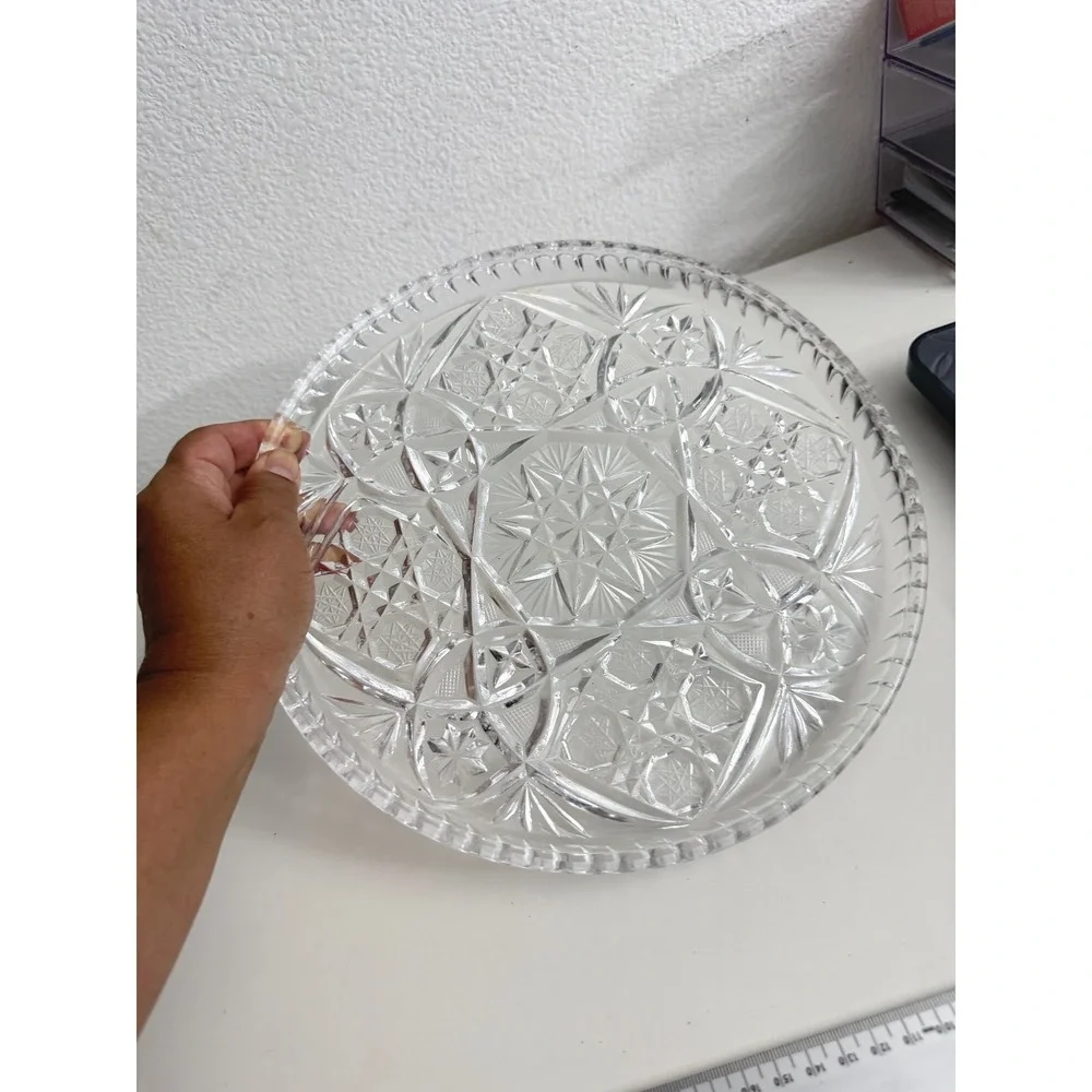 Vintage Heavy Cut Glass Round Platter Starburst Pinwheel Serving Tray 11.5 inch